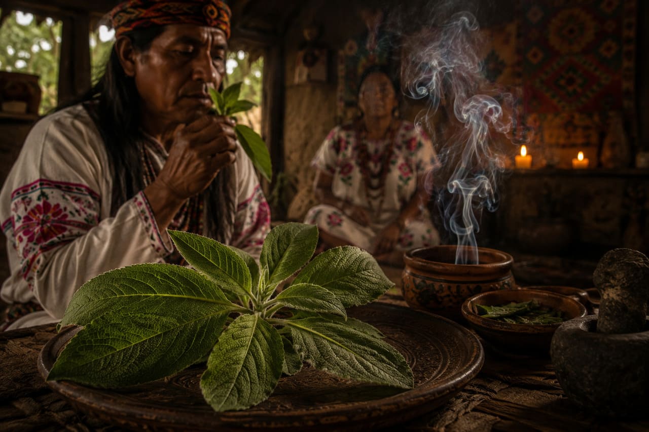 A Salvia divinorum é uma planta usada por povos mazatecas no México em rituais de cura e adivinhação. Suas folhas são mastigadas ou preparadas em infusões para induzir estados visionários. É considerada planta de sabedoria, capaz de abrir caminhos para compreensão espiritual e conexão com forças invisíveis, além de ser guardada como patrimônio cultural e espiritual da comunidade.