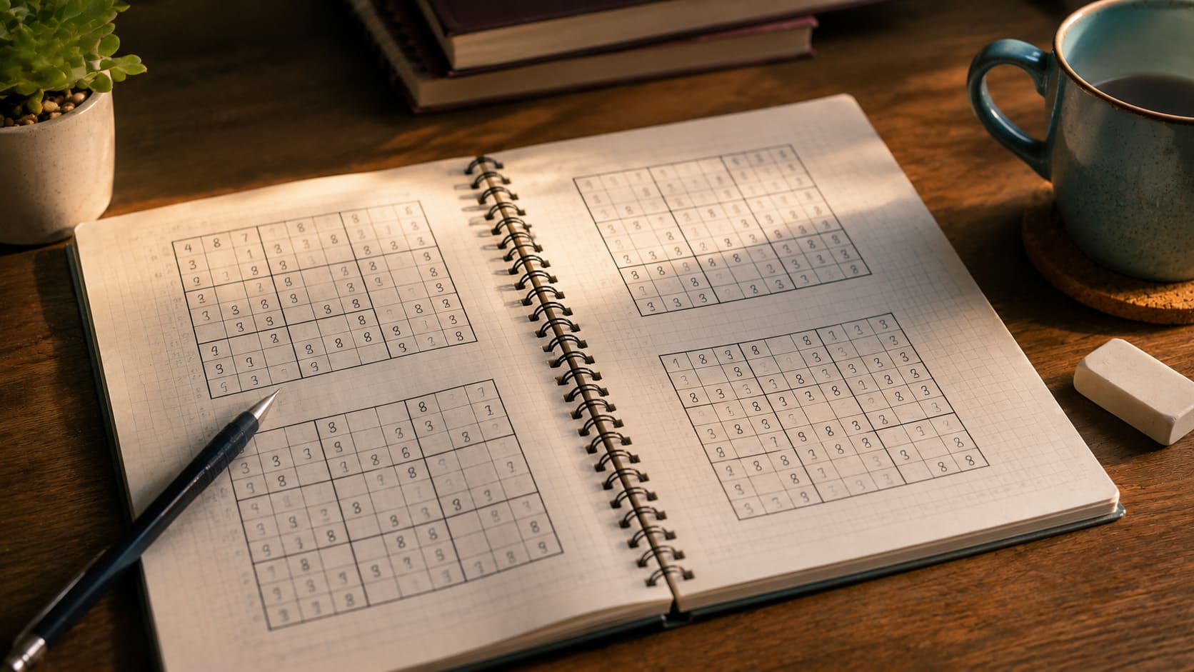 O sudoku é um jogo de lógica que desafia o cérebro por meio de números, padrões e dedução. A proposta é preencher uma grade sem repetir algarismos em linhas, colunas e blocos. -  (crédito: imagem gerada por i.a ) -O sudoku é um jogo de lógica que desafia o cérebro por meio de números, padrões e dedução. A proposta é preencher uma grade sem repetir algarismos em linhas, colunas e blocos. -  (crédito: imagem gerada por i.a )