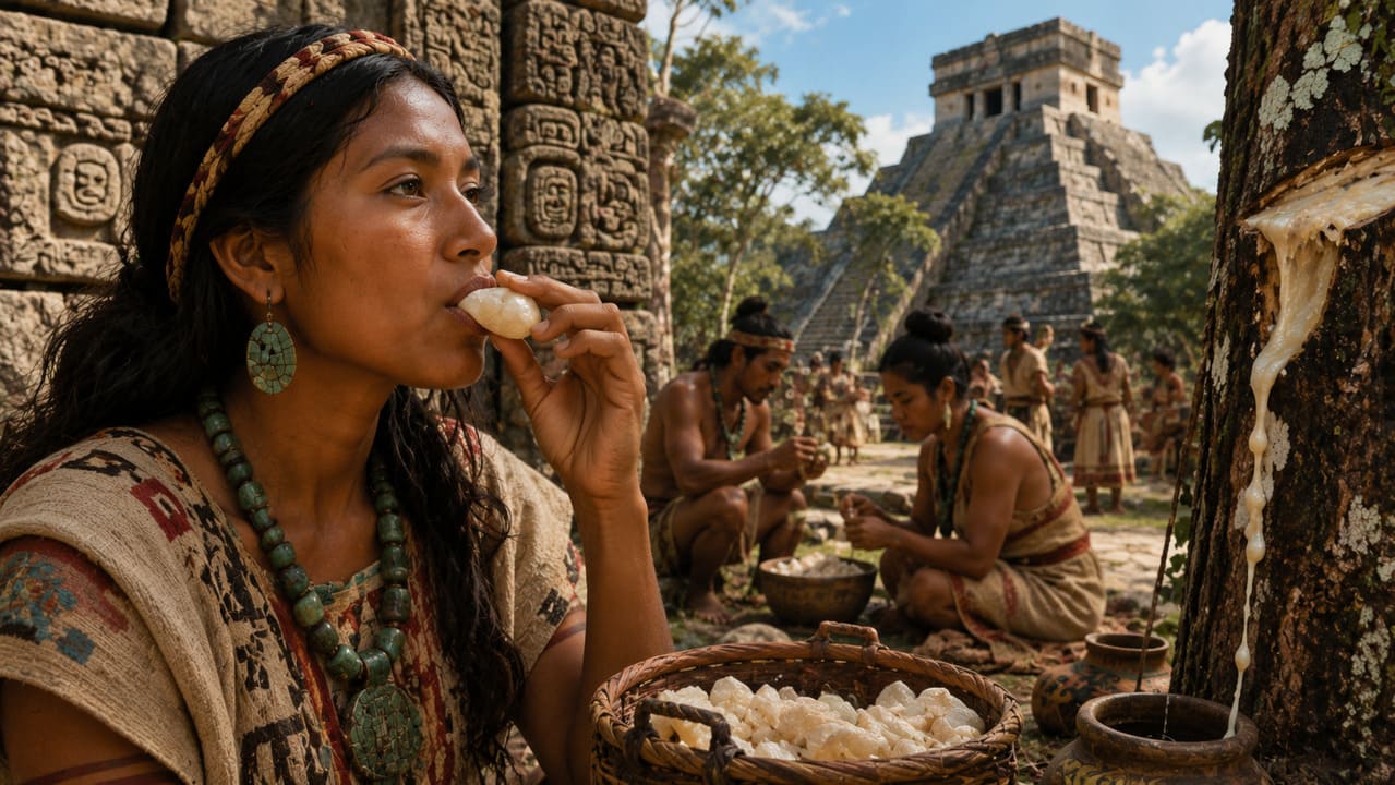 Na América Central, civilizações como os maias utilizavam o látex do sapotizeiro, conhecido como chicle. A substância era mascada há mais de mil anos e fazia parte do cotidiano dessas populações. Entre os astecas, o uso do chicle também tinha regras sociais específicas. Mulheres e crianças podiam mascar em público, enquanto homens adultos evitavam o hábito.