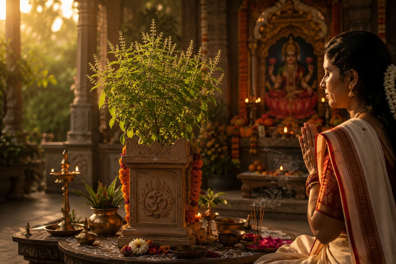 A planta Tulsi, também chamada de manjericão sagrado, é reverenciada no hinduísmo como manifestação da deusa Lakshmi. Cultivada em casas e templos, simboliza pureza, proteção e devoção, sendo usada em orações e rituais diários. Além de seu valor espiritual, é considerada planta medicinal, reforçando sua sacralidade como fonte de equilíbrio entre corpo e espírito.