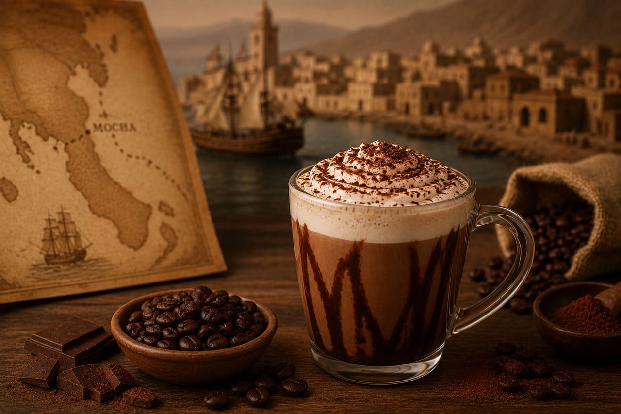 A origem do nome está relacionada ao café mocha, uma referência histórica ao porto de Mocha, no Iêmen, importante centro de comércio de café durante séculos. Com o tempo, o termo passou a ser associado a bebidas que unem café e chocolate, dando origem a diversas versões consumidas atualmente.