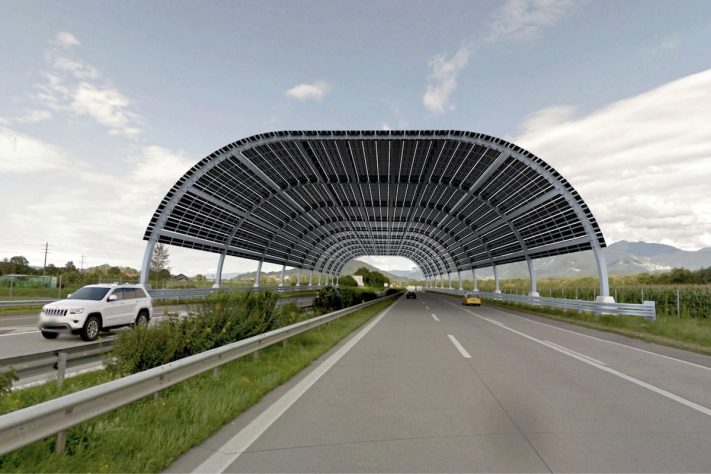 Na Alemanha, projeto aproveita espaço acima das estradas para gerar energia com painéis solares suspensos – Divulgação 