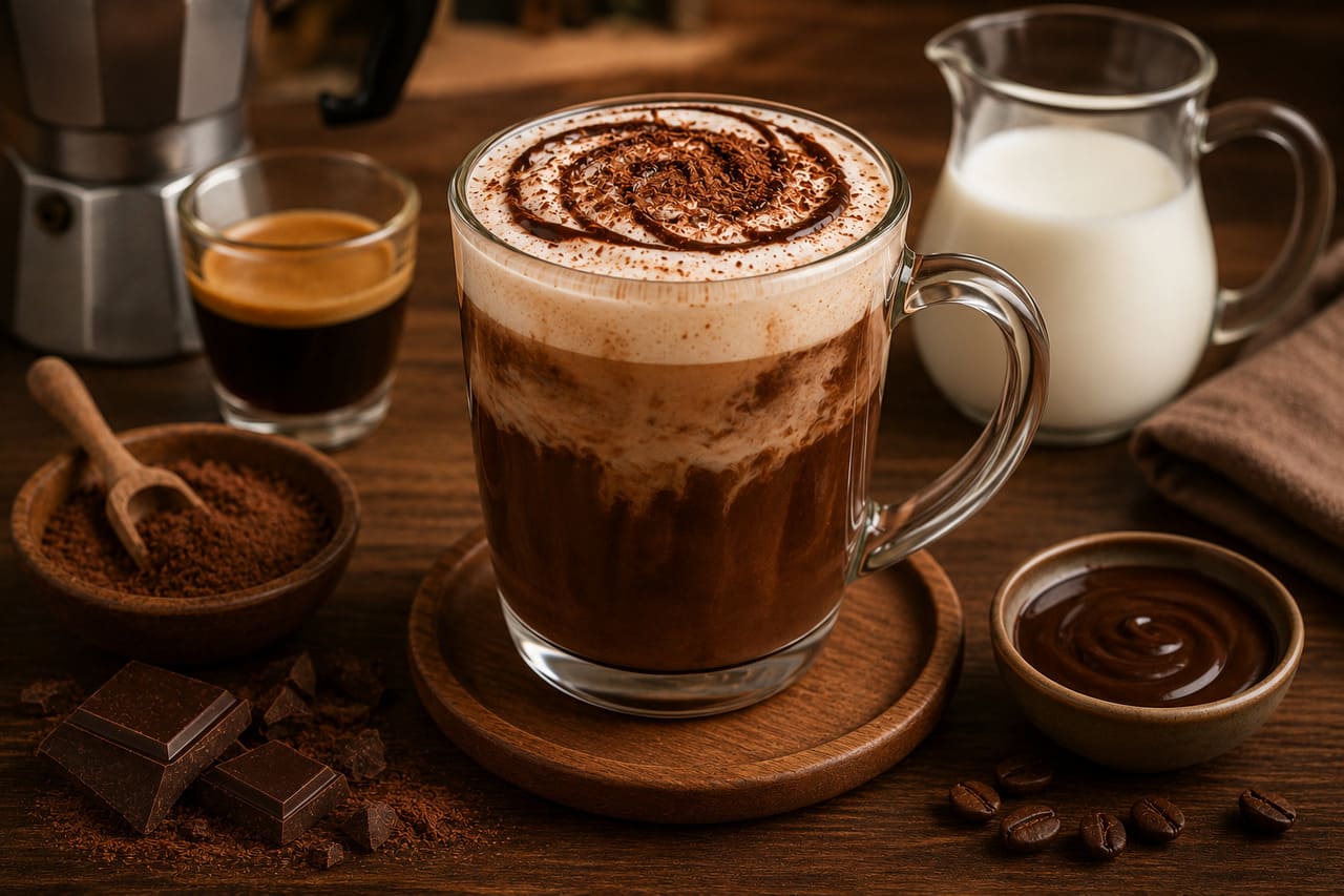 Embora existam variações, a receita mais comum utiliza café expresso, leite aquecido e chocolate em pó, calda ou cacau. A combinação produz uma bebida que preserva o sabor do café, mas recebe um toque adocicado que a torna acessível até para quem não aprecia bebidas muito amargas.