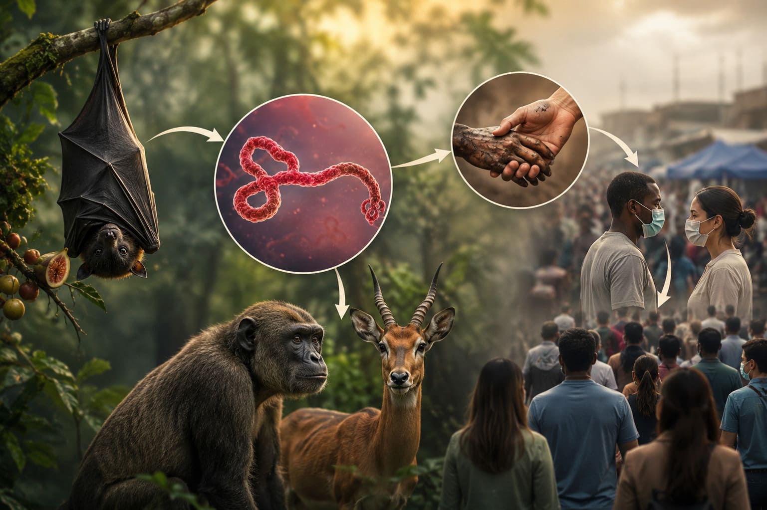 Os morcegos frugívoros são considerados os principais reservatórios naturais do vírus. A infecção pode chegar aos seres humanos por meio do contato com animais silvestres contaminados, como primatas e antílopes. Depois disso, a transmissão entre pessoas pode sustentar surtos locais.