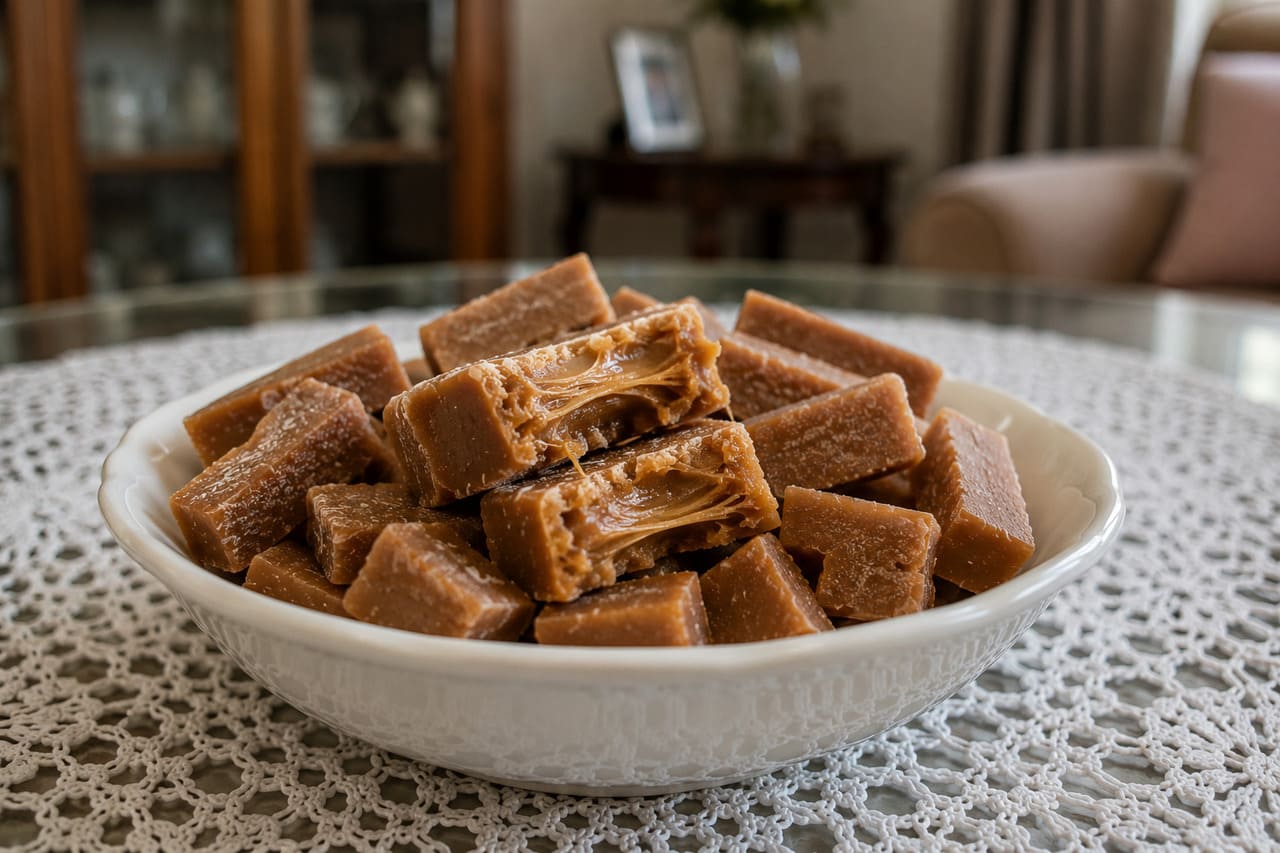 Umdetalhe conhecido é a leve cristalização presente em algumas receitas artesanais. Dependendo do modo de preparo, o doce ganha uma textura que mistura maciez com pequenos cristais de açúcar perceptíveis ao morder. Fica puxa-puxa. 