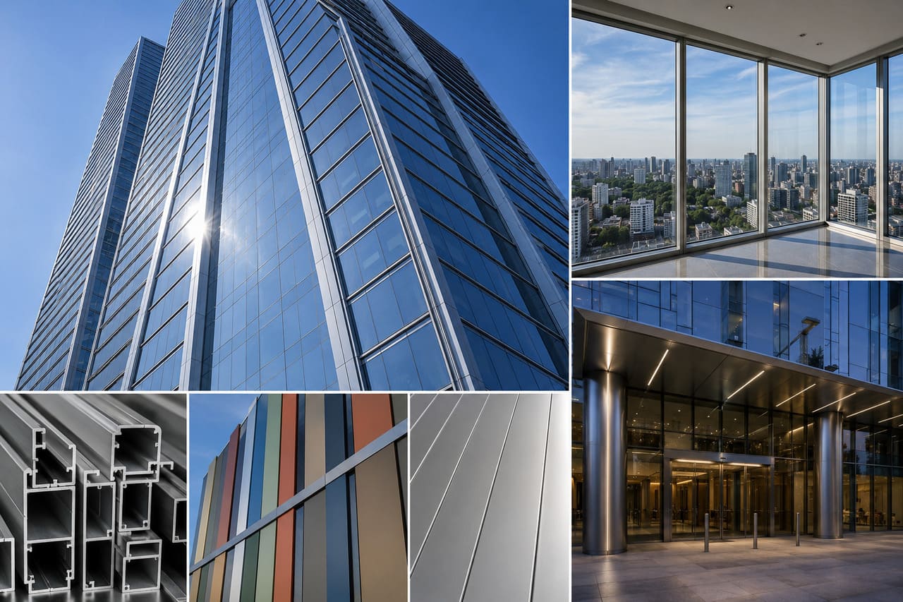 A aplicação na arquitetura contemporânea possibilita a criação de estruturas de grande porte com perfis finos, elegantes e de altíssima estabilidade mecânica. Vidraças imensas e fachadas de arranha-céus são sustentadas com segurança total devido à excelente capacidade de suportar pressões decorrentes de ventos fortes. A versatilidade estética do metal aceita acabamentos modernos como a anodização e a pintura eletrostática em infinitas opções de cores duradouras.