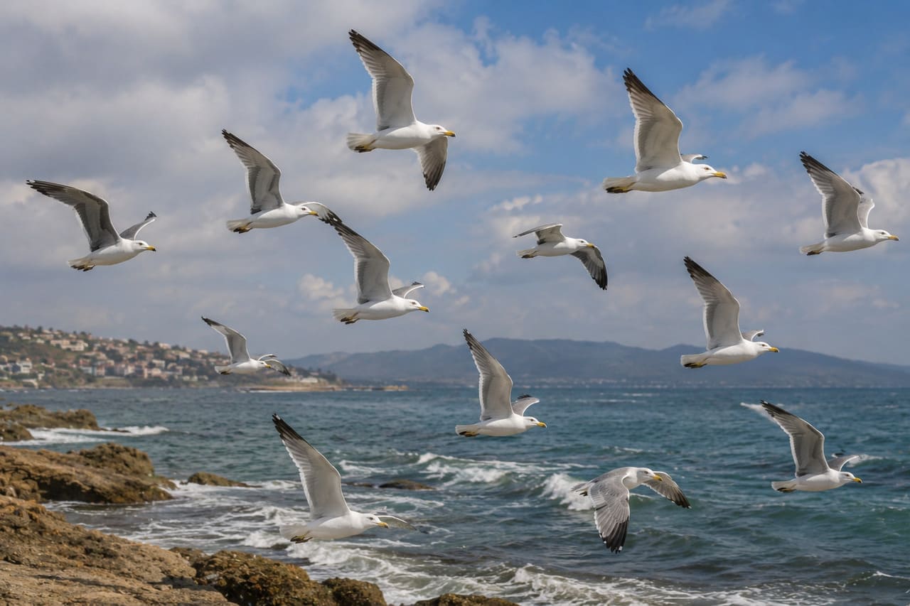 As gaivotas são aves bastante vistas voando em grupo perto do mar e de regiões portuárias. Elas se reúnem tanto para procurar comida quanto para acompanhar mudanças nas correntes de vento.