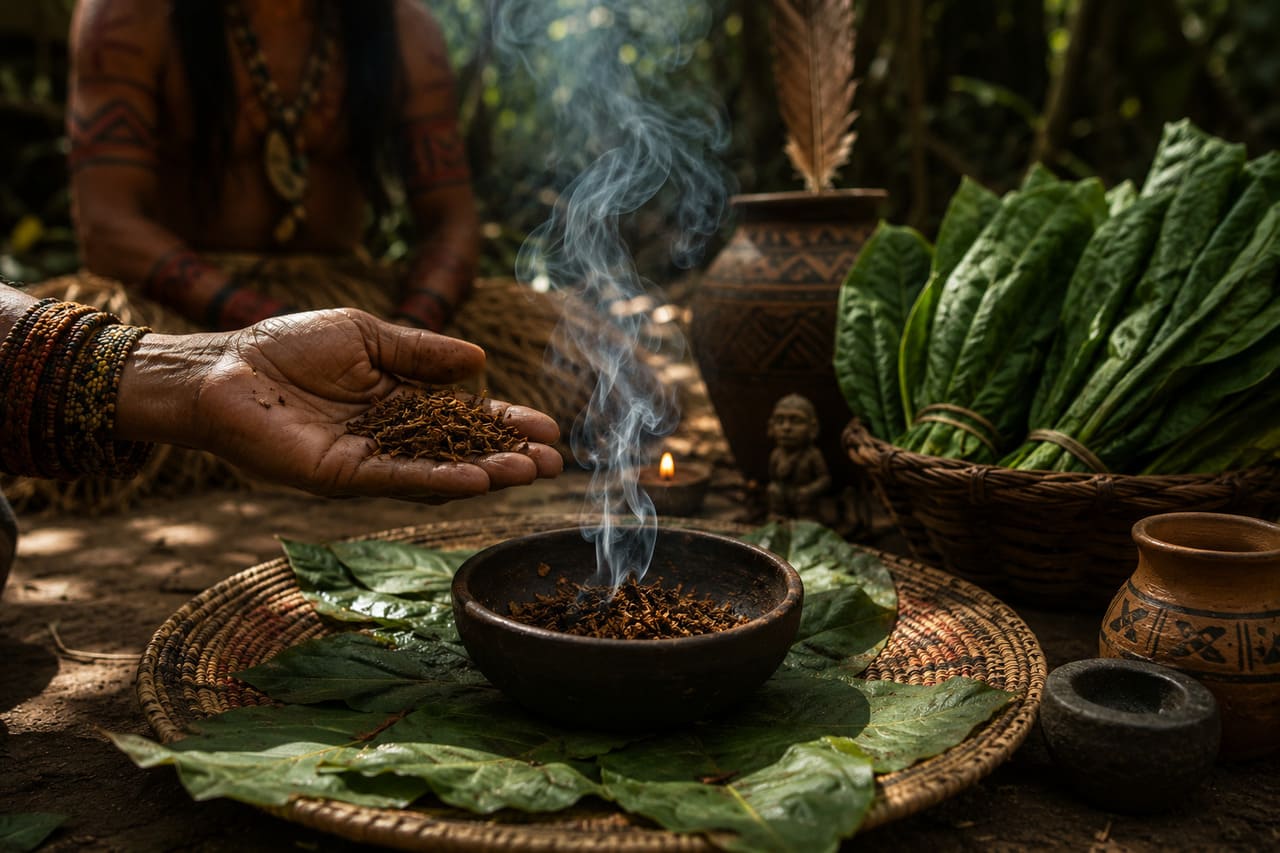 Entre povos indígenas das Américas, o tabaco é considerado planta de poder e respeito, usado em oferendas e rituais de conexão espiritual. Seu uso não se limita ao consumo, mas envolve práticas de cura e comunicação com ancestrais. É visto como mediador entre mundos, fortalecendo a relação entre homem, natureza e espiritualidade.