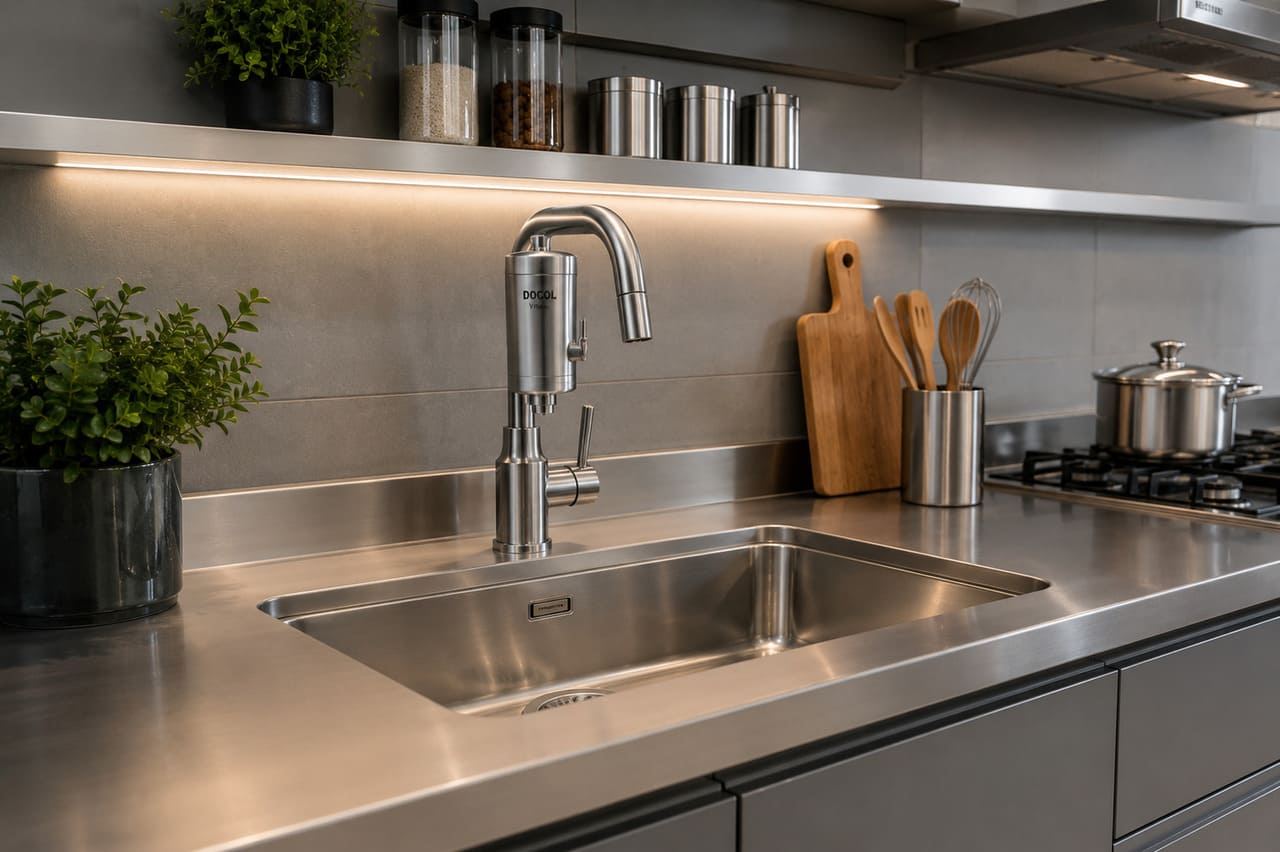 Inox
Muito utilizado em cozinhas profissionais, o inox também conquistou residências. É resistente à umidade, fácil de higienizar e combina especialmente com ambientes de estilo contemporâneo.