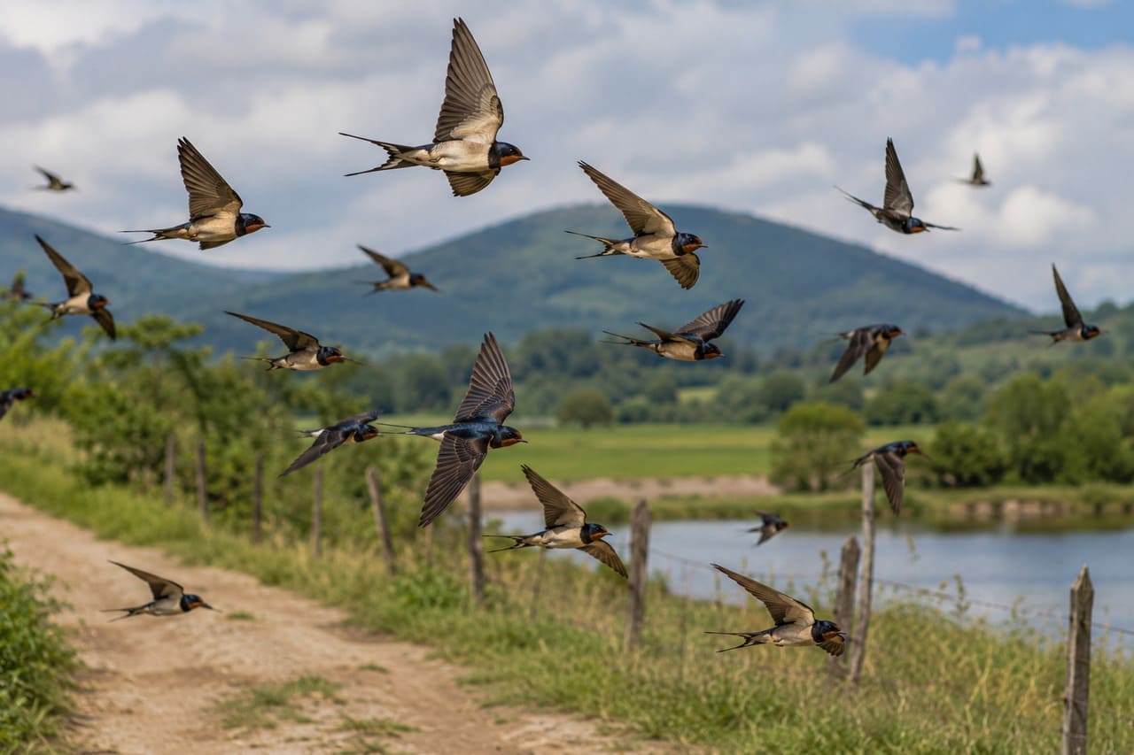 As andorinhas frequentemente aparecem em grandes grupos sobre cidades e áreas abertas. O voo rápido e coletivo ajuda na captura de insetos e na proteção contra ataques de aves maiores.
