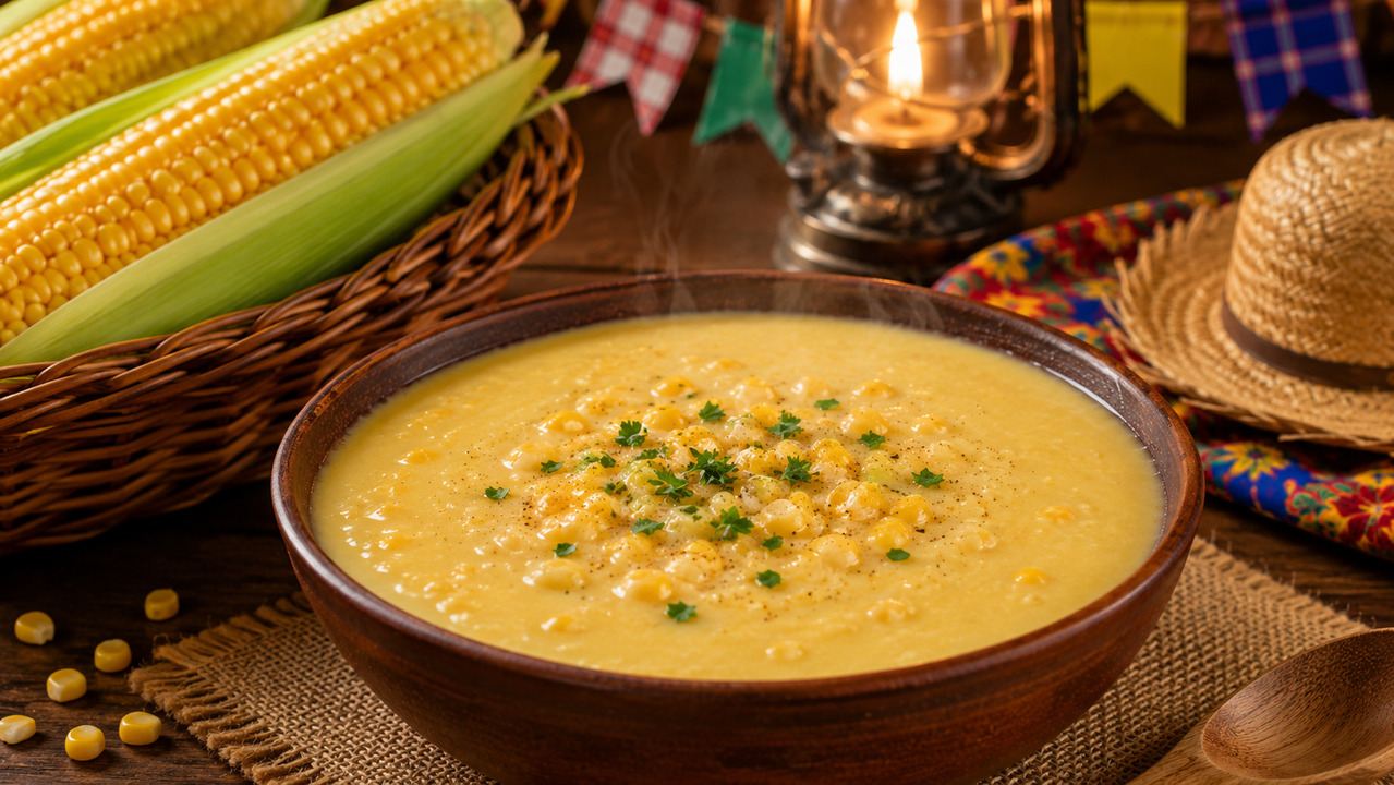 A sopa de milho aquece as noites frias de junho, preparada com grãos frescos, leite e temperos que ressaltam o sabor natural. Nas quermesses, é servida em tigelas fumegantes, atraindo quem busca conforto e reforçando o papel do milho em pratos salgados. É uma receita que une praticidade e tradição, mostrando como o milho se adapta a diferentes preparos e continua essencial nas festas juninas.