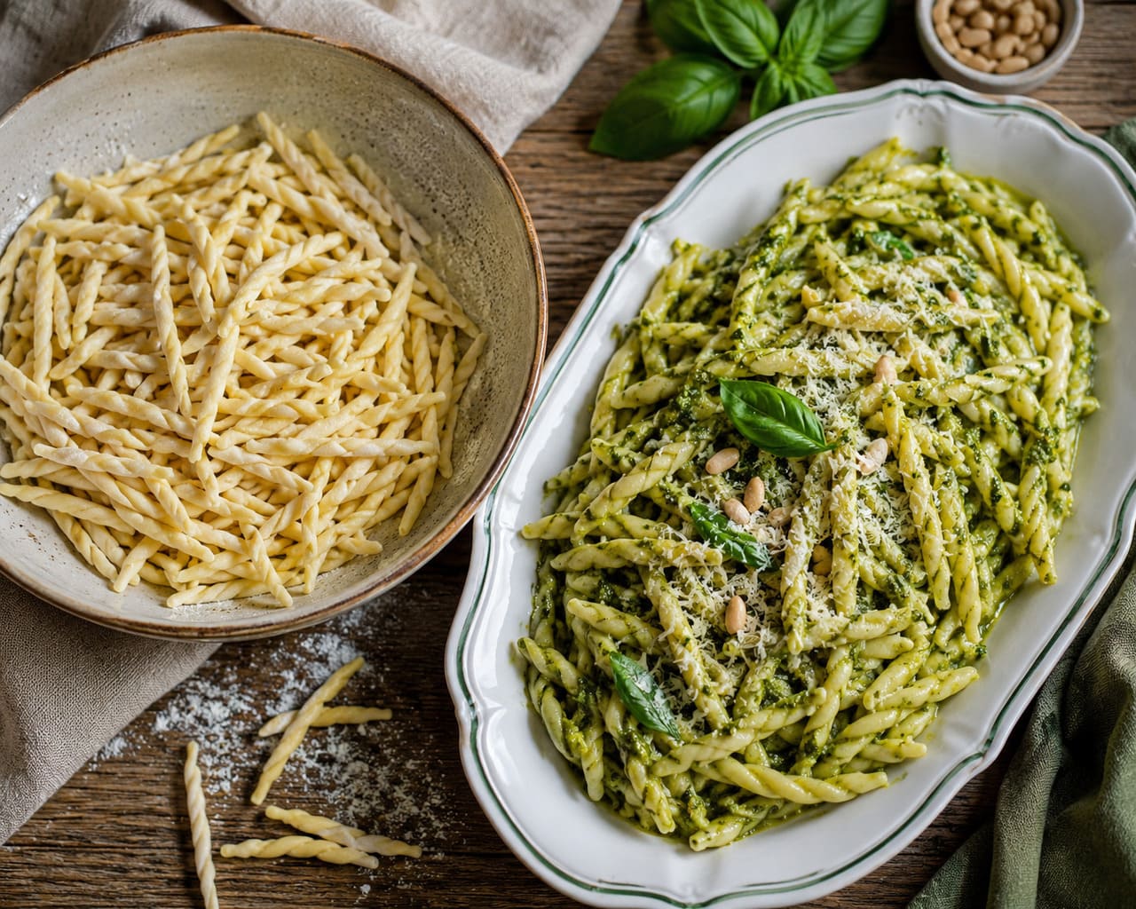 Trofie
Tradicional da Ligúria, apresenta formato estreito e retorcido. É frequentemente associada ao molho pesto, pois suas curvas ajudam a distribuir o sabor de maneira uniforme