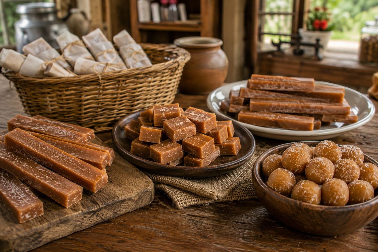 Existem versões vendidas em formato de barra, quadrados ou pequenas bolinhas. Em algumas regiões, produtores acrescentam pequenas variações na receita, mas o preparo tradicional normalmente mantém poucos ingredientes básicos.