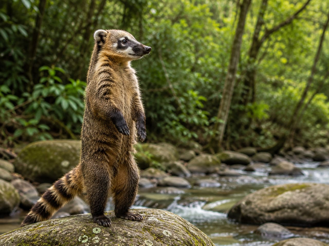 Quati
Os quatis costumam usar a posição ereta para observar áreas mais distantes e procurar alimento. O equilíbrio chama atenção principalmente quando o animal está sobre pedras ou troncos.