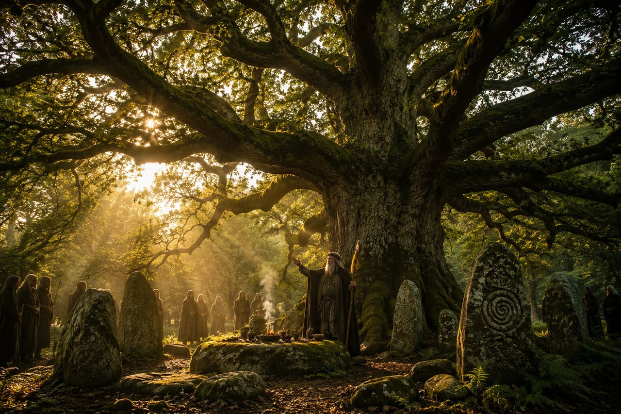 O carvalho é uma árvore venerada em culturas europeias antigas, especialmente entre os celtas e druidas, como símbolo de força e proteção. Sua imponência e longevidade o tornaram referência espiritual, associado a rituais de sabedoria e ligação com o divino. Até hoje, é visto como guardião da floresta e inspiração para práticas espirituais que valorizam a natureza.