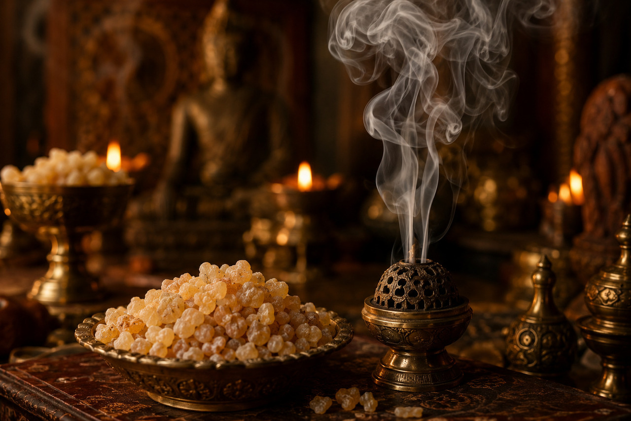 O olíbano, resina extraída da árvore Boswellia, é usado há milênios em rituais religiosos, especialmente na Ásia. Seu aroma é associado à purificação e à comunicação com o divino, sendo queimado em cerimônias cristãs, judaicas e islâmicas. Além do valor espiritual, também possui propriedades medicinais, reforçando sua importância cultural e simbólica.