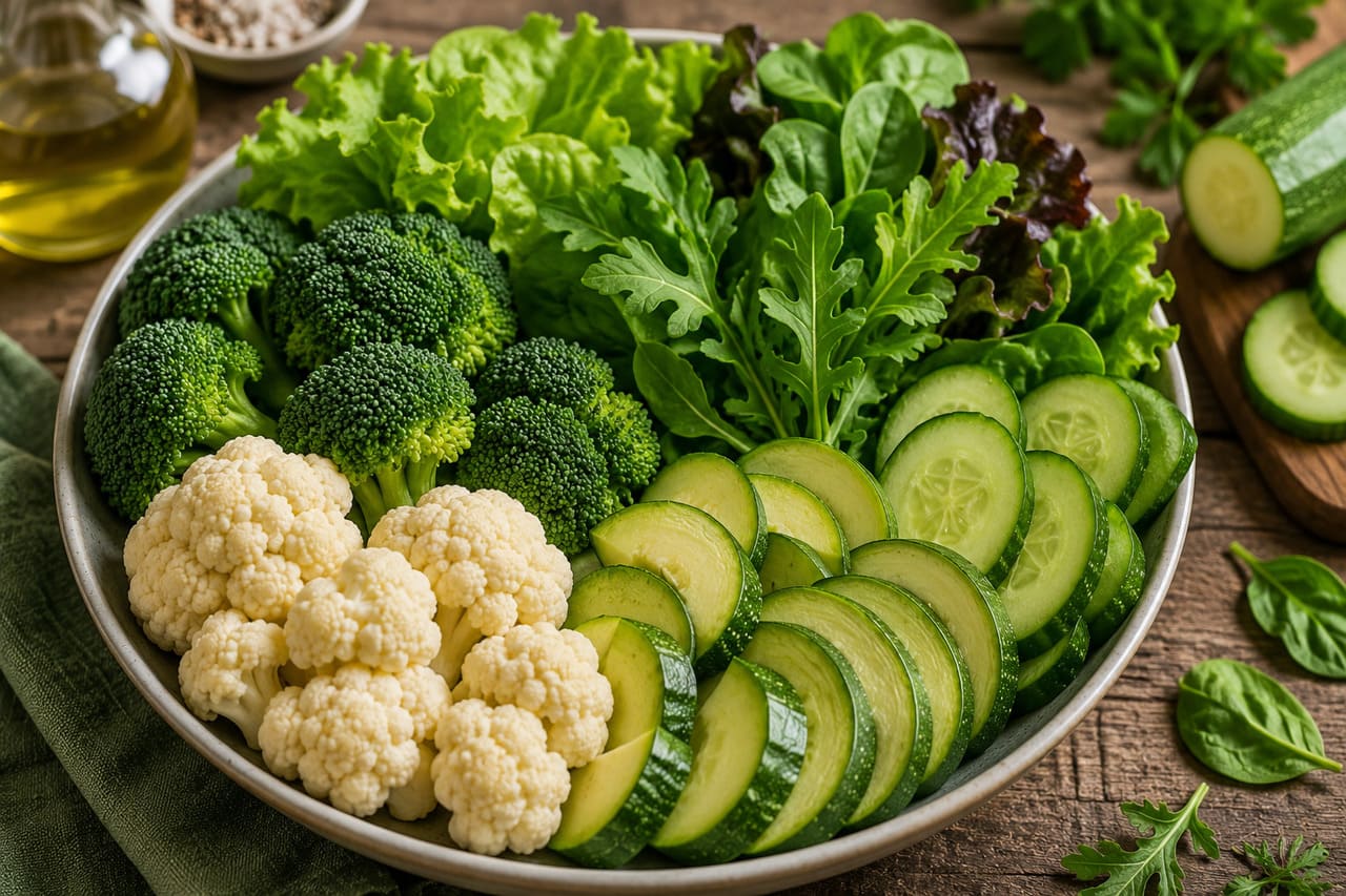 Vegetais de baixo teor de carboidratos, como brócolis, couve-flor, abobrinha, pepino e folhas verdes, costumam ocupar boa parte do prato. Eles fornecem fibras, vitaminas e minerais, contribuindo para o funcionamento do intestino e para a sensação de saciedade.