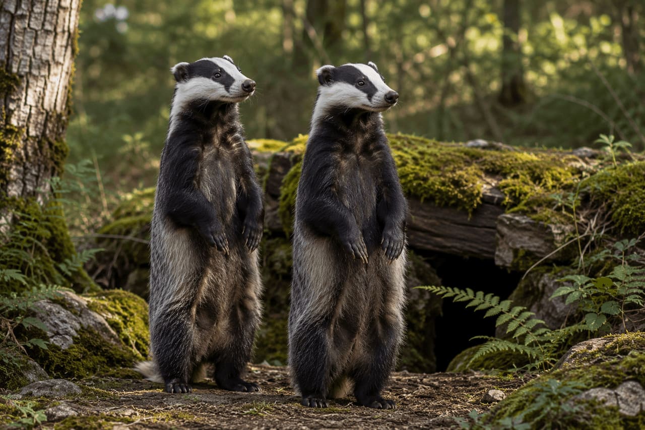 Texugo
Os texugos podem ficar erguidos quando percebem movimentações estranhas próximas às tocas. A postura ajuda o animal a observar melhor o ambiente antes de reagir.