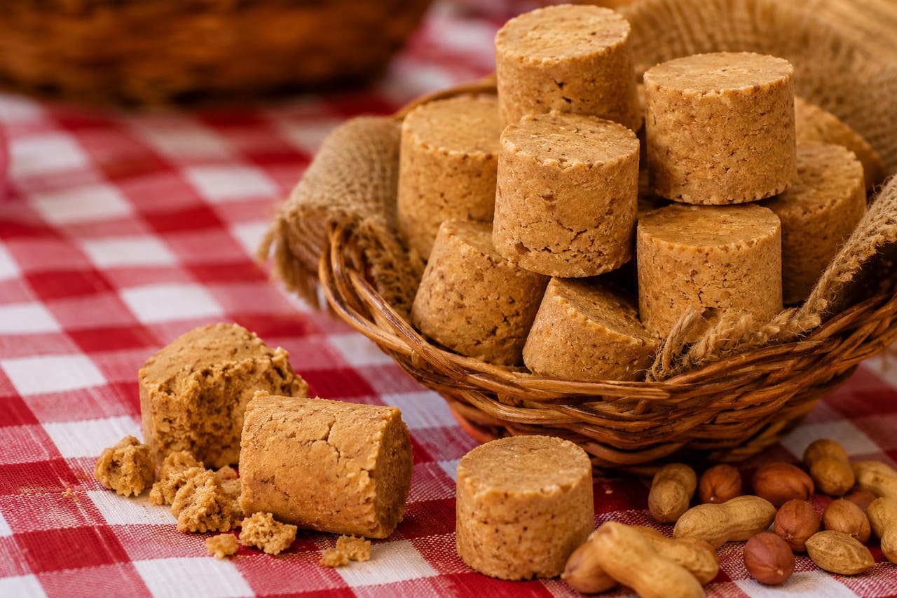 A paçoca é um dos doces mais tradicionais das quermesses juninas, feita com amendoim torrado, açúcar e farinha de mandioca ou de milho. Sua textura macia e sabor marcante conquistam crianças e adultos, tornando-se presença obrigatória nas barracas. Além de simples, é um doce que carrega memória afetiva e remete às raízes da culinária caipira, sendo um verdadeiro símbolo das festas juninas.