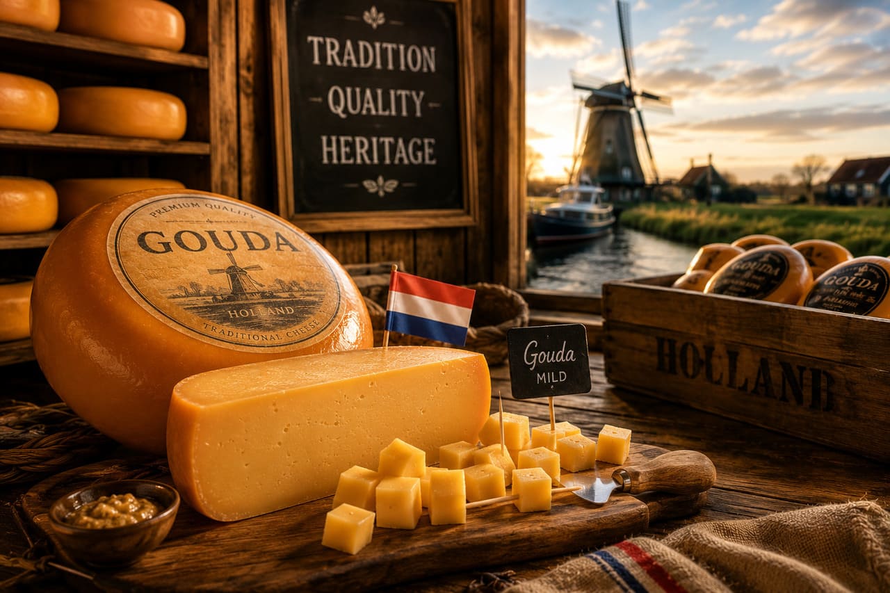 O Gouda é um dos queijos mais exportados do mundo, originário da Holanda e reconhecido por sua versatilidade gastronômica. Produzido há séculos, tornou-se símbolo da tradição holandesa e da força econômica ligada à indústria de laticínios. Sua textura varia conforme o tempo de maturação, indo do macio e suave ao firme e intenso, conquistando diferentes paladares. O sabor levemente adocicado e a capacidade de harmonizar com diversos pratos reforçam sua popularidade global. Mais do que alimento, é -  (crédito: imagem gerada por i.a )