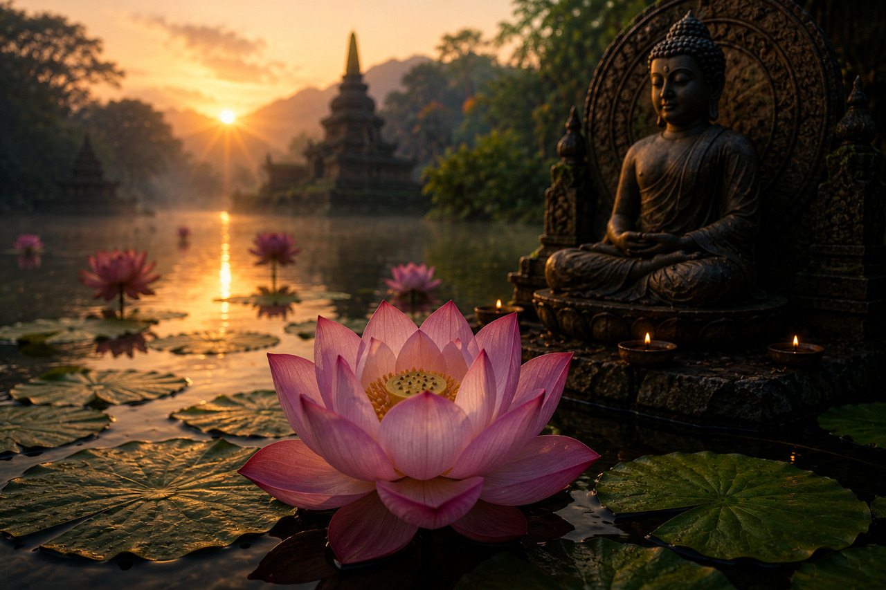 O lótus é reverenciado em culturas orientais, especialmente no hinduísmo e budismo, como símbolo de pureza e iluminação espiritual. Crescendo em águas turvas, mas florescendo imaculado, representa a capacidade humana de superar dificuldades e alcançar estados elevados de consciência. Sua imagem é usada em templos, meditações e ensinamentos, reforçando a ideia de transcendência e renovação espiritual, além de inspirar práticas artísticas e filosóficas que atravessam séculos.