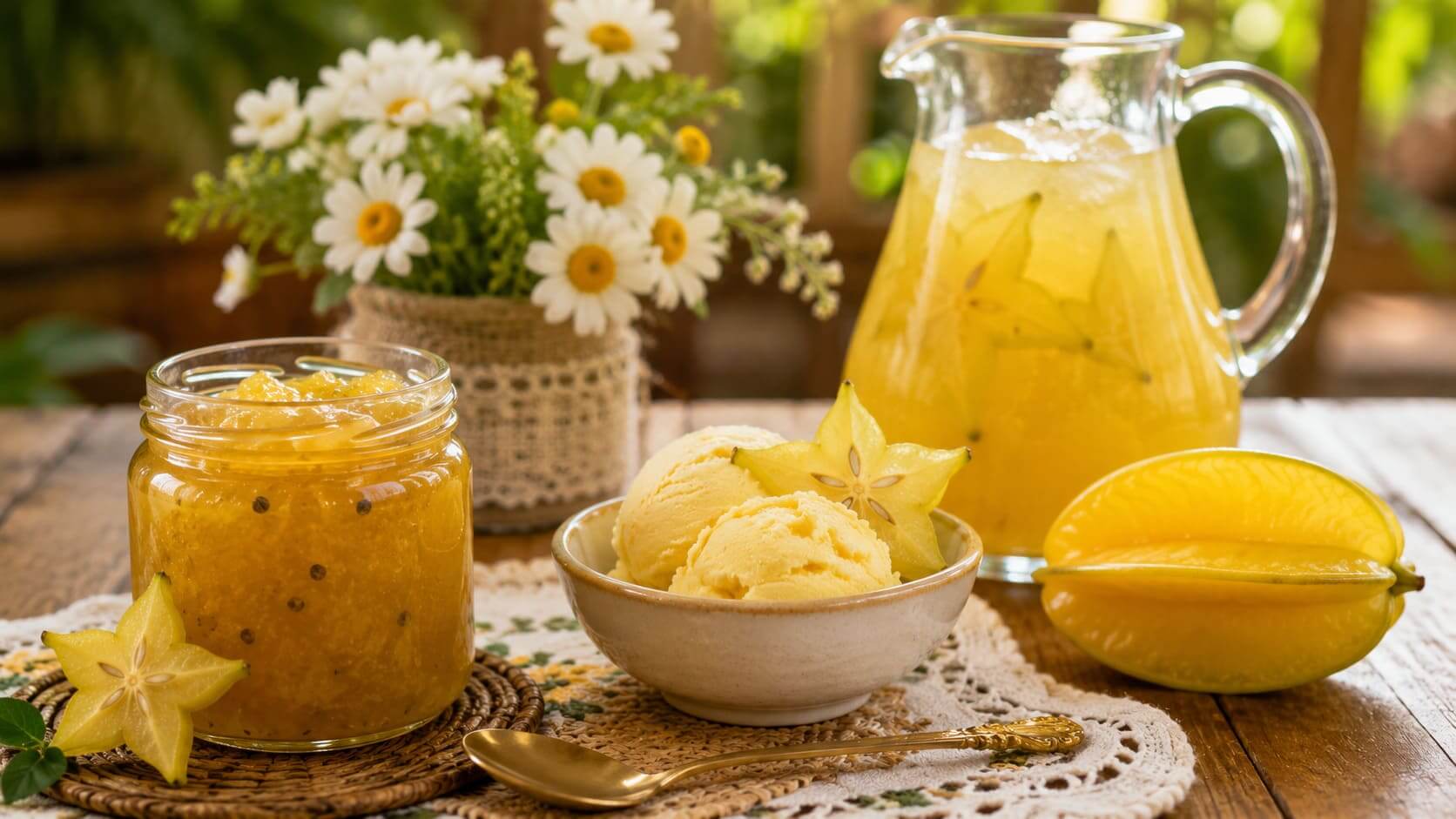 A carambola é um ótimo enfeite para drinks, principalmente por causa da sua forma característica que, quando fatiada, lembra uma estrela. É uma opção popular para adicionar um toque de cor e frescor a coquetéis e bebidas refrescantes.