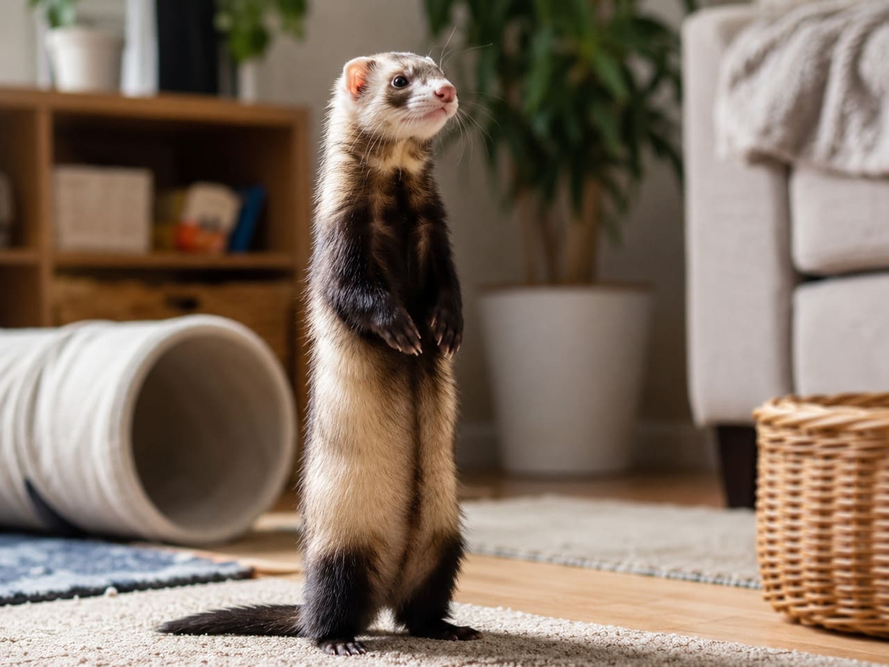 Furão
Curiosos por natureza, os furões frequentemente ficam em pé para analisar movimentos e novidades no ambiente. A postura ajuda o animal a ampliar o campo de visão.