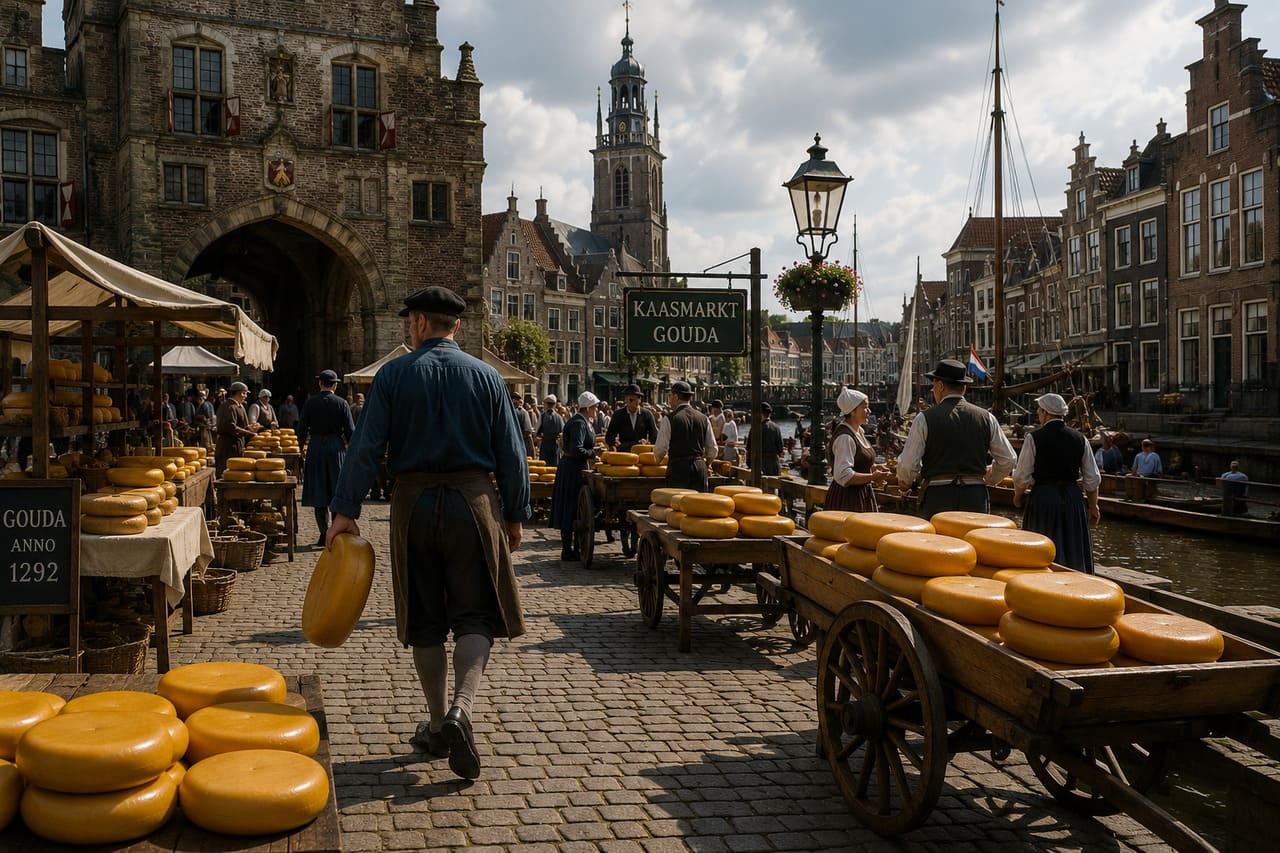 O Gouda surgiu na Idade Média, sendo comercializado na cidade homônima desde o século 13, quando já se destacava nos mercados da Holanda. Ao longo dos séculos, consolidou-se como produto de exportação e símbolo da cultura holandesa, tornando-se presença constante em feiras e rotas comerciais internacionais. Sua trajetória histórica reflete a capacidade de preservar práticas artesanais diante da modernização, mantendo viva a essência de um queijo que se tornou referência mundial.