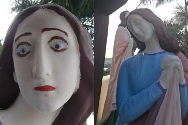 Antes e depois da remoção da restauração de escultura religiosa em Carmo do Cajuru – Reprodução/Redes Sociais
