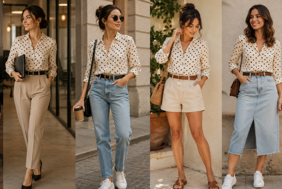 Uma das principais vantagens da blusa de poá é a versatilidade. Ela pode ser usada em ambientes profissionais quando combinada com peças de alfaiataria, mas também funciona bem em produções casuais com jeans, shorts ou saias mais descontraídas.