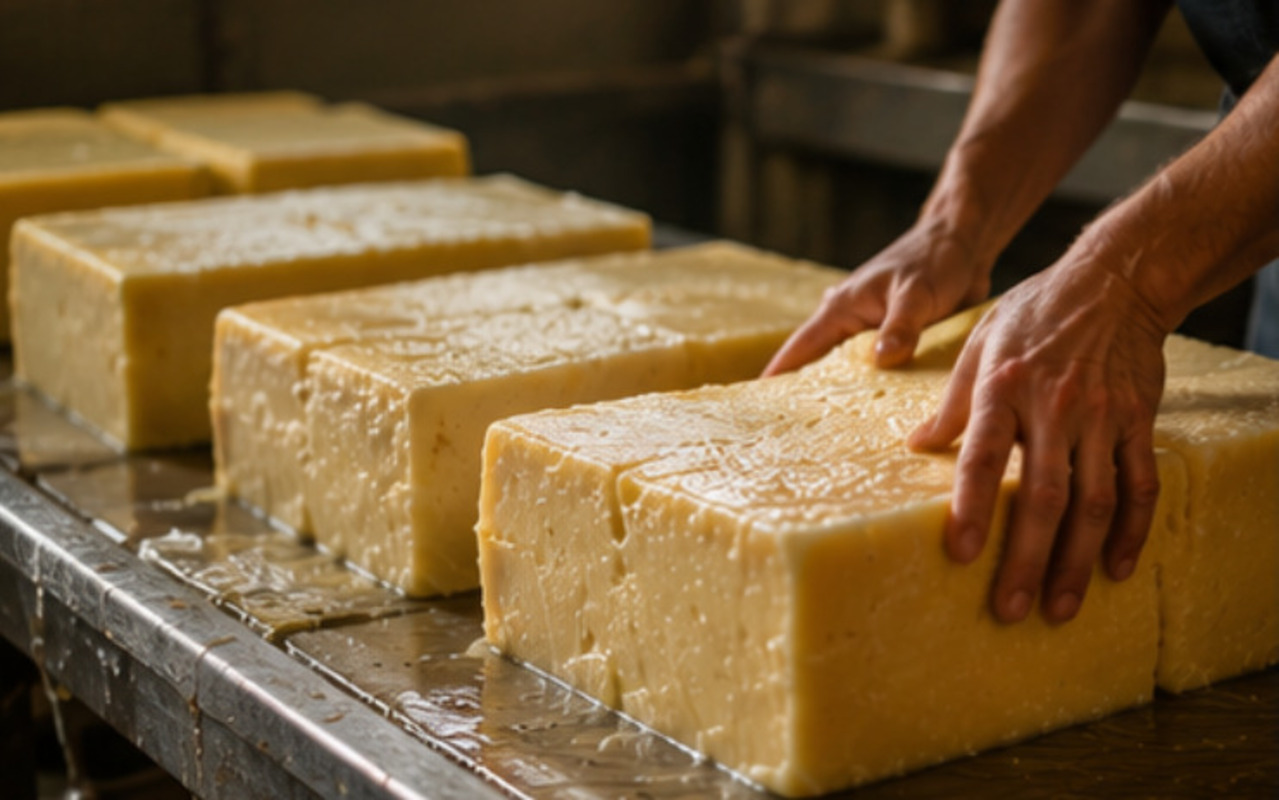 A produção do Cheddar envolve coagulação do leite, corte da coalhada e processo de “cheddaring”, em que blocos são empilhados e virados para eliminar soro e criar textura firme. A maturação pode variar de alguns meses a mais de dois anos.