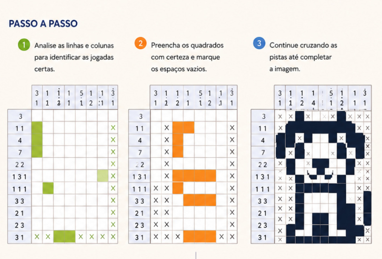 O funcionamento é relativamente simples de entender, mas pode se tornar bastante desafiador. Os números servem como pistas para indicar sequências de quadrados preenchidos, enquanto os espaços vazios ajudam a separar grupos distintos. A combinação correta revela um desenho escondido.