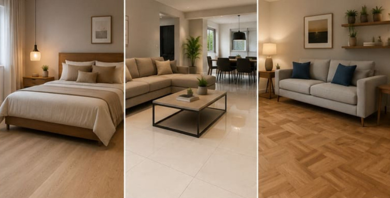 Os pisos para salas e quartos oferecem opções que combinam conforto, estética e praticidade no dia a dia. Materiais como porcelanato, cerâmica, vinílico, laminado e madeira atendem diferentes necessidades e orçamentos. Além disso, muitos modelos atuais são fáceis de limpar e ajudam a manter os ambientes organizados e agradáveis por mais tempo. Conheça tipos práticos para a sua residência.  -  (crédito: imagem gerada por i.a )
