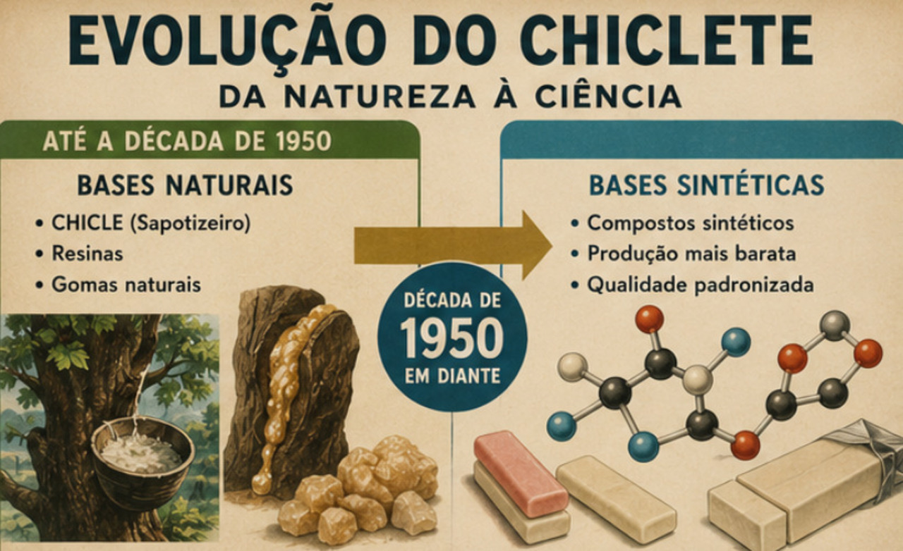A partir da década de 1950, as bases naturais foram sendo substituídas por compostos sintéticos. A mudança tornou a produção mais barata e padronizada. Surgiram também versões sem açúcar, voltadas para a saúde bucal. Dentistas passaram a recomendar algumas opções para estimular a saliva.