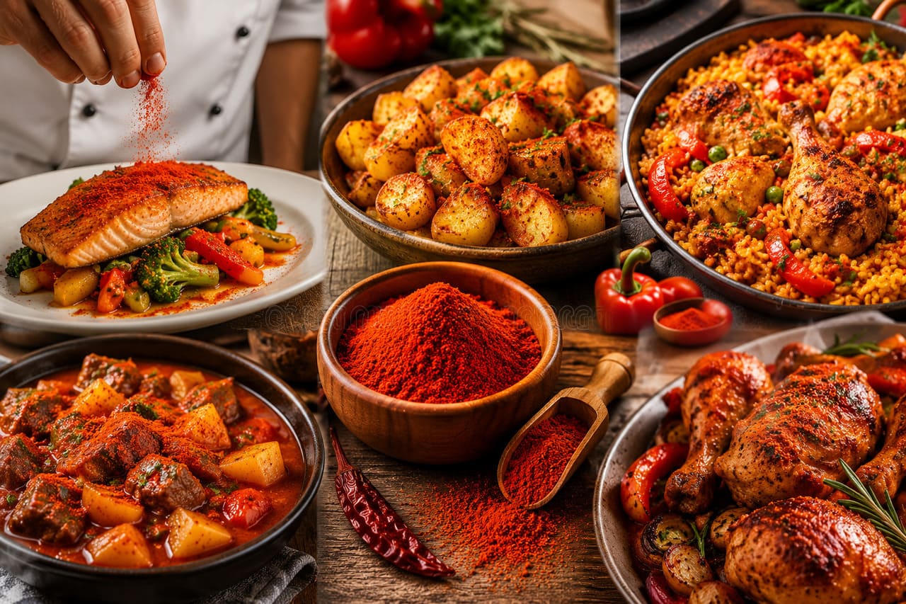 Já a páprica picante é elaborada com variedades mais ardidas de pimentas. Seu sabor marcante costuma ser empregado em carnes, embutidos, molhos e pratos que buscam um toque extra de intensidade, sem deixar de preservar o aroma característico do tempero.