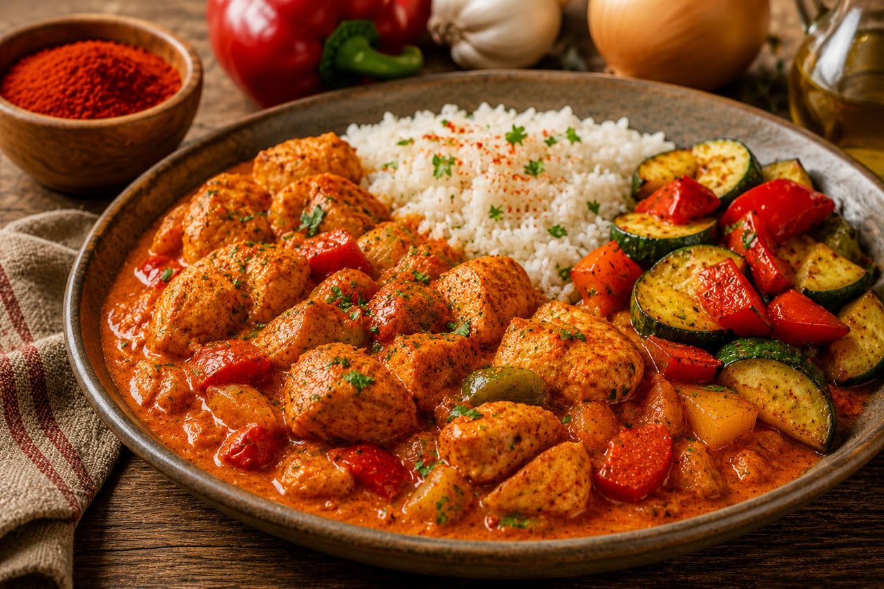 A páprica doce possui sabor suave e levemente adocicado, sendo bastante utilizada para dar cor e aroma a preparações. Ela aparece com frequência em molhos, arroz, legumes, ensopados e receitas à base de frango, sem acrescentar ardência significativa.