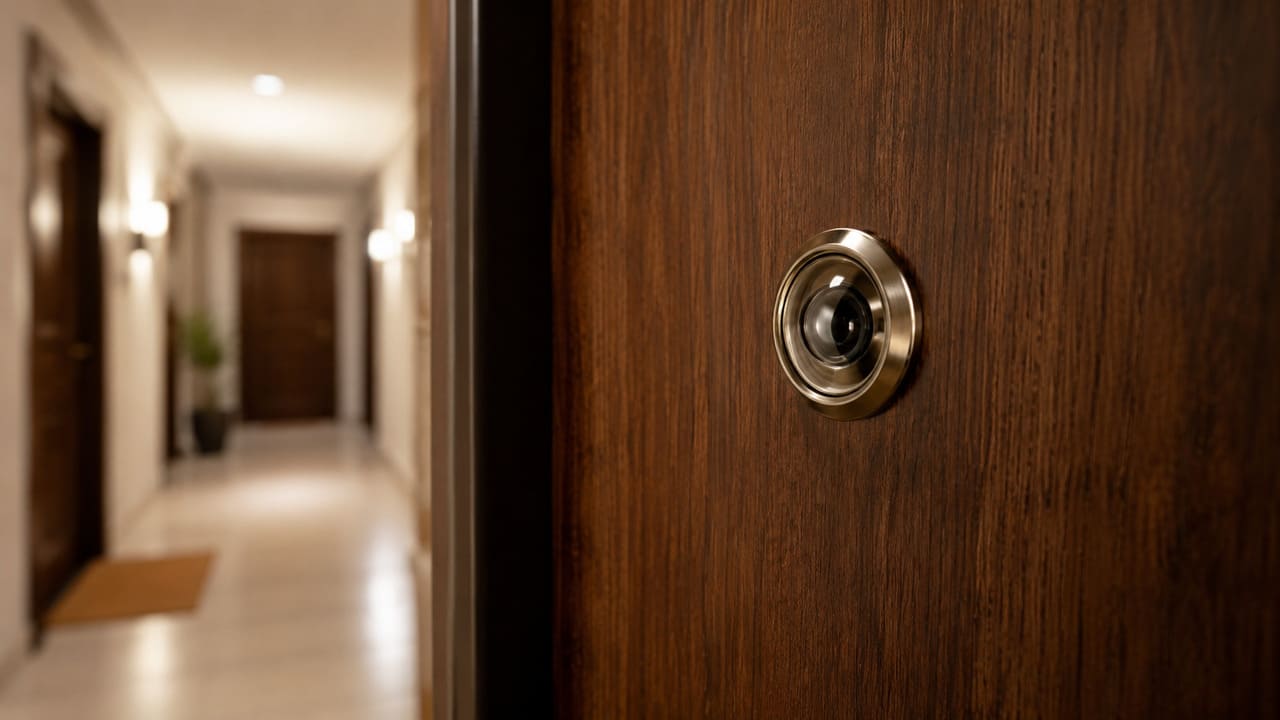 O olho mágico é um dispositivo instalado na porta que permite visualizar quem está do lado externo sem precisar abrir a entrada. Durante décadas, o modelo tradicional com lente angular foi a opção mais comum em residências, apartamentos e escritórios. -  (crédito: imagem gerada por i.a )