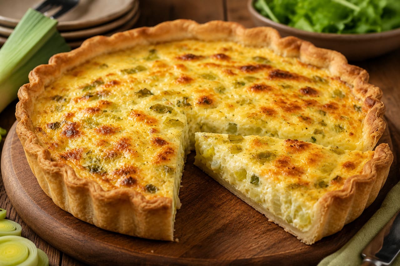 A quiche é uma torta salgada conhecida pela combinação de massa crocante com um recheio cremoso à base de ovos e creme de leite. Seu preparo relativamente simples ajudou a transformar a receita em um clássico da culinária internacional. -  (crédito: imagem gerada por i.a )