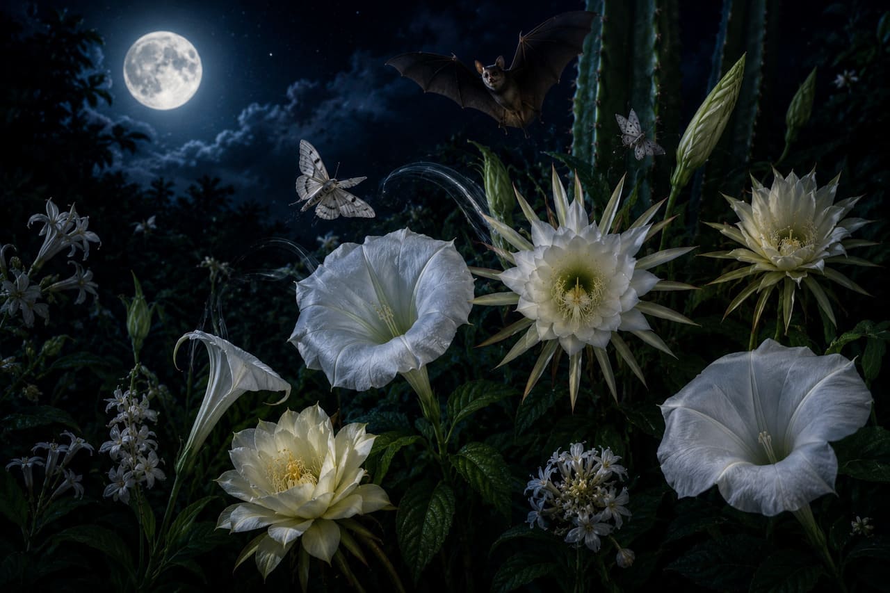 As flores que desabrocham apenas à noite carregam um mistério que fascina cientistas e amantes da natureza. Elas desafiam o ciclo comum das plantas, revelando sua beleza quando o mundo se recolhe. Muitas dessas espécies dependem de polinizadores noturnos, como mariposas e morcegos, para garantir sua sobrevivência. O perfume intenso que liberam é uma estratégia para atrair esses visitantes na escuridão. Além da função ecológica, essas flores inspiraram mitos e lendas em diferentes culturas. São s -  (crédito: imagem gerada por i.a )