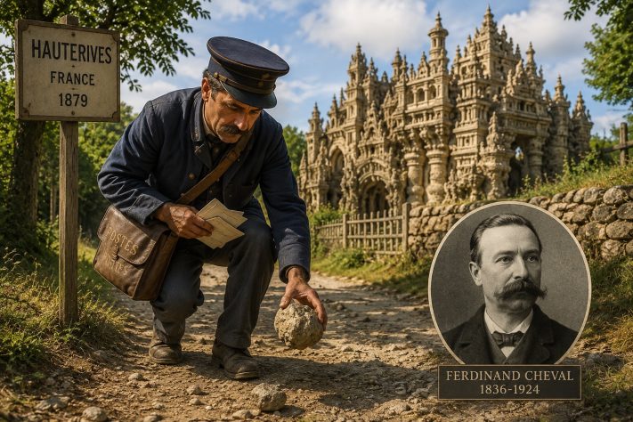 O carteiro francês Ferdinand Cheval transformou pedras recolhidas na estrada em um monumento histórico na França – Imagem gerada por IA