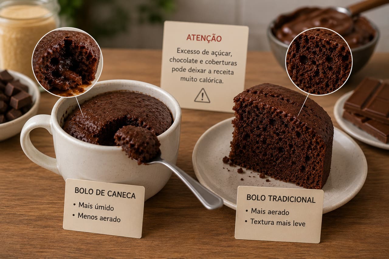 O bolo de caneca geralmente  fica mais úmido e menos aerado, já que o cozimento é muito rápido. Por isso, muitas algumas receitas incluem coberturas, caldas ou pedaços de chocolate.
