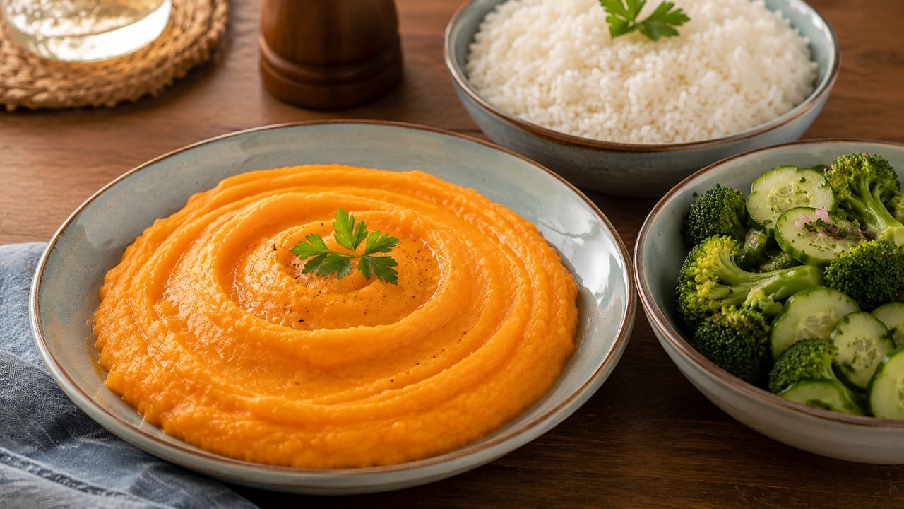 Purê de cenoura – Tem sabor suave e cor vibrante, sendo uma boa opção para acompanhar aves e peixes. É fonte de fibras e betacaroteno, além de fornecer antioxidantes.
