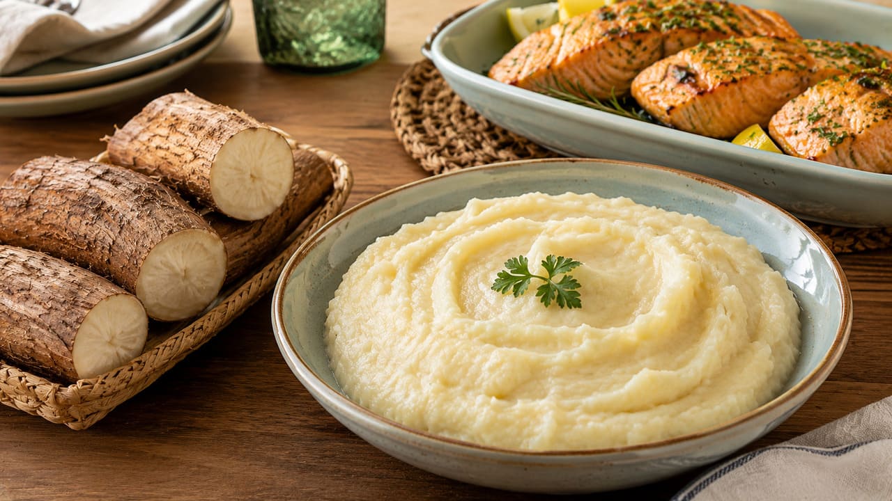 Purê de mandioca – Mais encorpado e consistente, costuma acompanhar carnes assadas e pratos típicos brasileiros. É rico em carboidratos e fornece energia, além de conter pequenas quantidades de fibras e minerais.
