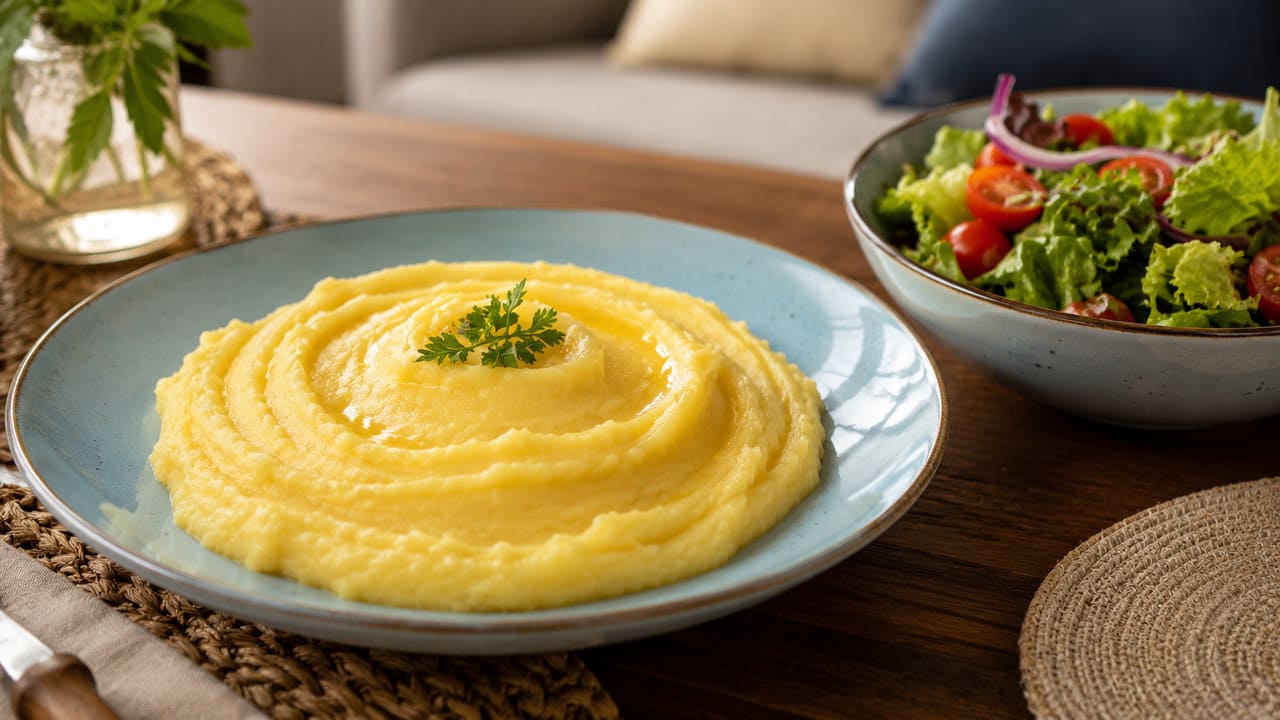Purê de mandioquinha – Levemente adocicado, harmoniza bem com aves, carne suína e ensopados. Fornece carboidratos, fibras e vitaminas do complexo B, além de minerais como potássio e fósforo.
