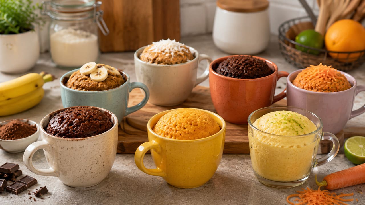 As receitas mais comuns incluem sabores como chocolate, cenoura, banana, coco, limão, laranja, milho e baunilha. Em geral, utilizam canecas de cerâmica ou vidro resistentes ao micro-ondas, com capacidade suficiente para evitar que a massa transborde durante o crescimento. 