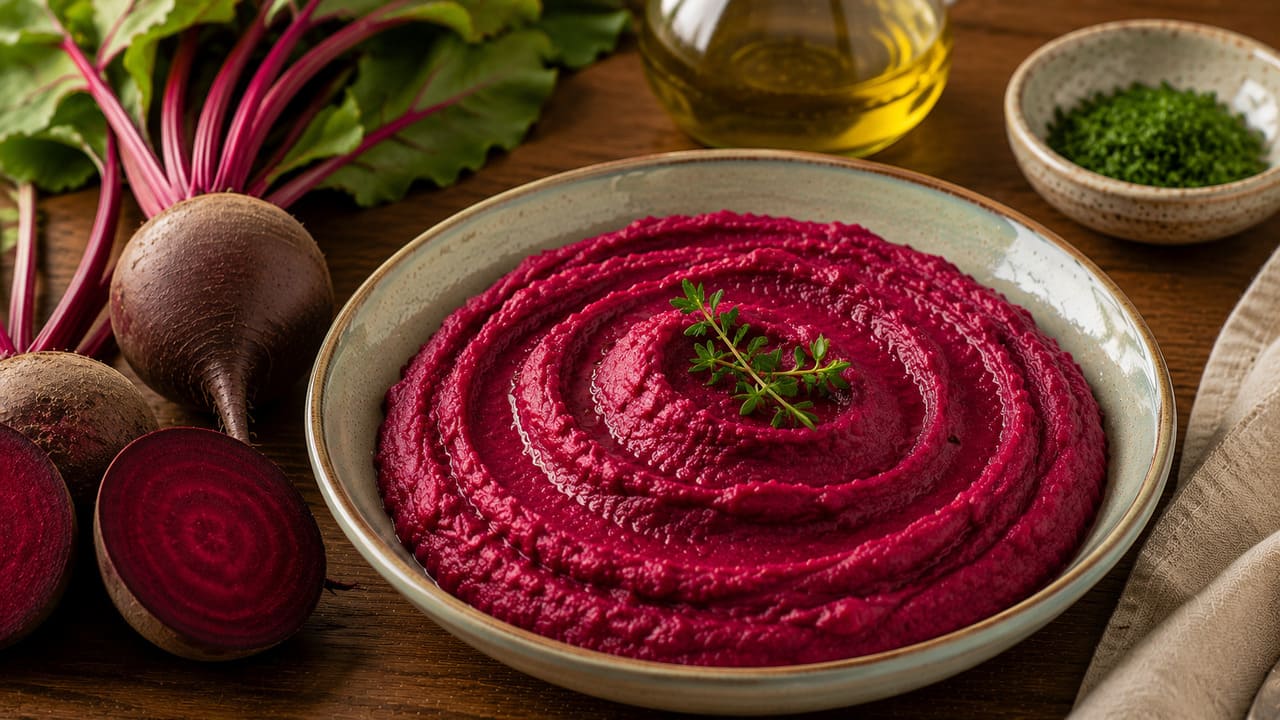 Purê de beterraba – Destaca-se pela cor intensa e pelo sabor adocicado. Vai bem com carnes e queijos suaves, além de oferecer folato, fibras e antioxidantes naturais.

