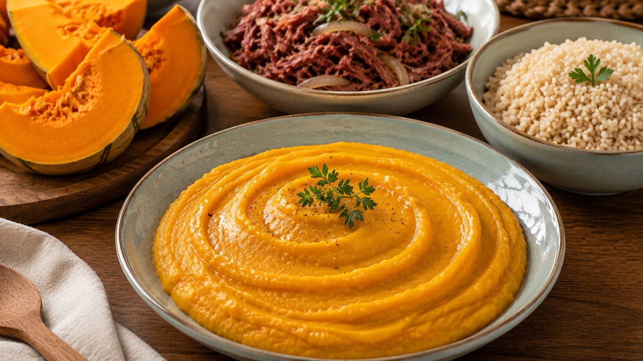 Purê de abóbora – Leve e delicado, acompanha muito bem carnes e preparações com ervas. É conhecido pelo alto teor de betacaroteno, substância que o organismo converte em vitamina A.