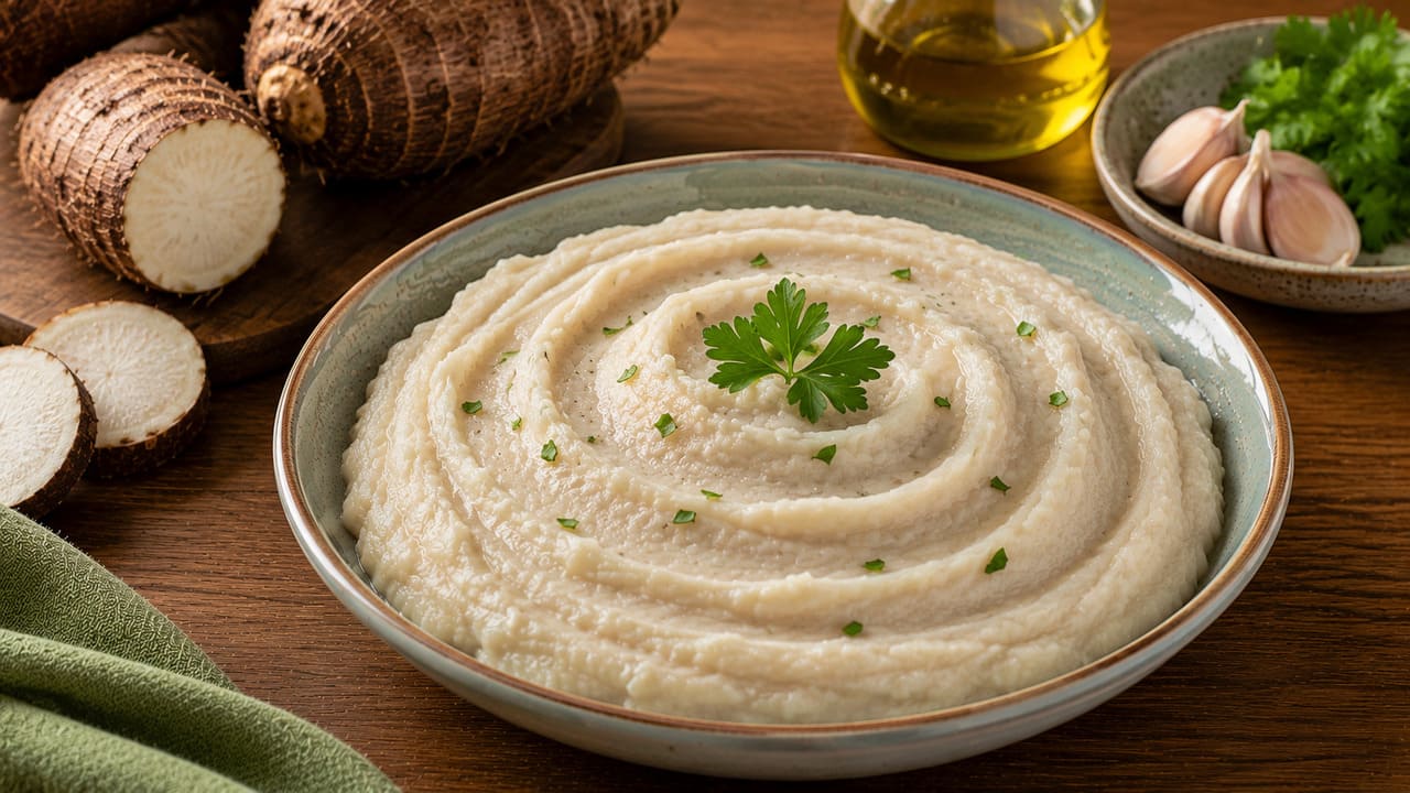Purê de inhame – De textura muito cremosa, combina com carnes e sopas. É fonte de carboidratos, fibras, vitaminas do complexo B e minerais como potássio e magnésio.

