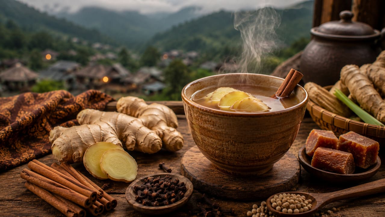 O bandrek é uma infusão quente típica da Indonésia, preparada com gengibre, açúcar e especiarias, muito consumida em regiões frias como as montanhas de Java. Sua origem está ligada ao hábito de aquecer o corpo e fortalecer a saúde. A bebida combina sabores intensos e propriedades terapêuticas, criando uma experiência que vai além do simples ato de beber. Além de aquecer, o bandrek é vinculado à socialização, sendo servido em encontros familiares e comunitários. A diversidade de especiarias utili -  (crédito: imagem gerada por i.a )