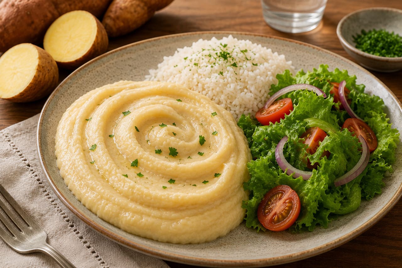 Purê de batata-doce – Seu sabor naturalmente adocicado combina com carnes, frango e legumes grelhados. Destaca-se pelo teor de fibras, vitamina A e carboidratos de digestão mais lenta.
